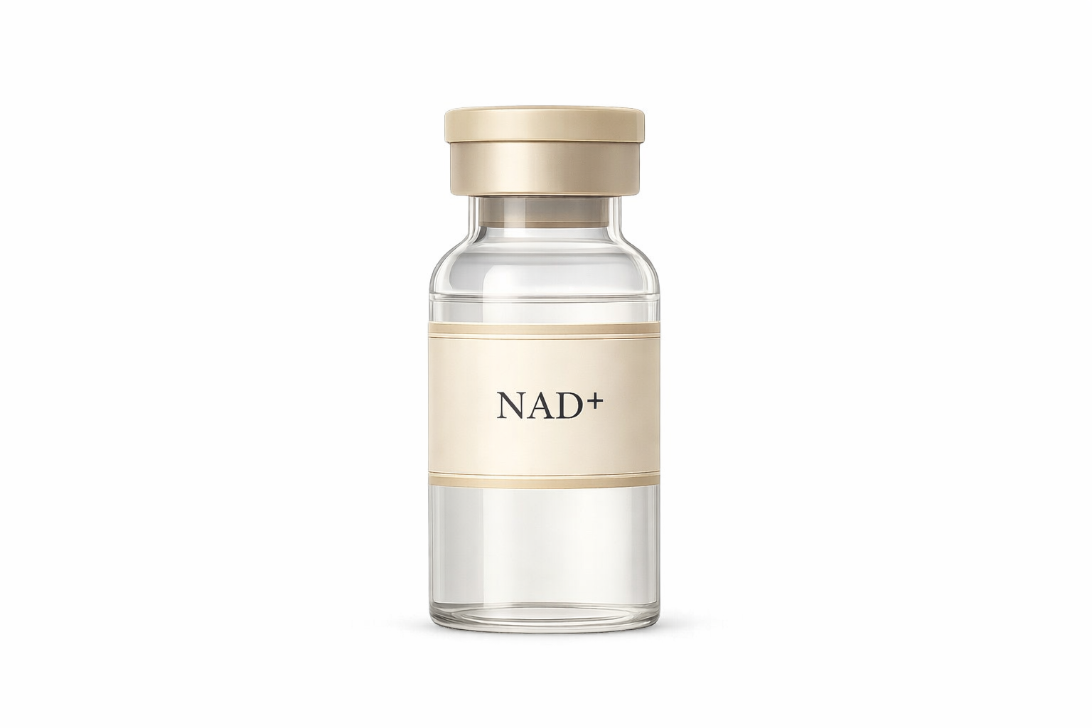 A clear glass vial with a beige cap and label reading "NAD+" in black text.
