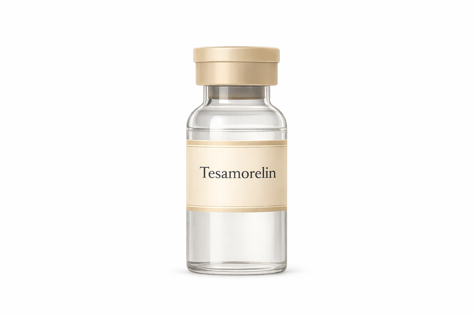 A clear glass bottle with a beige cap and a label that reads 'Tesamorelin'