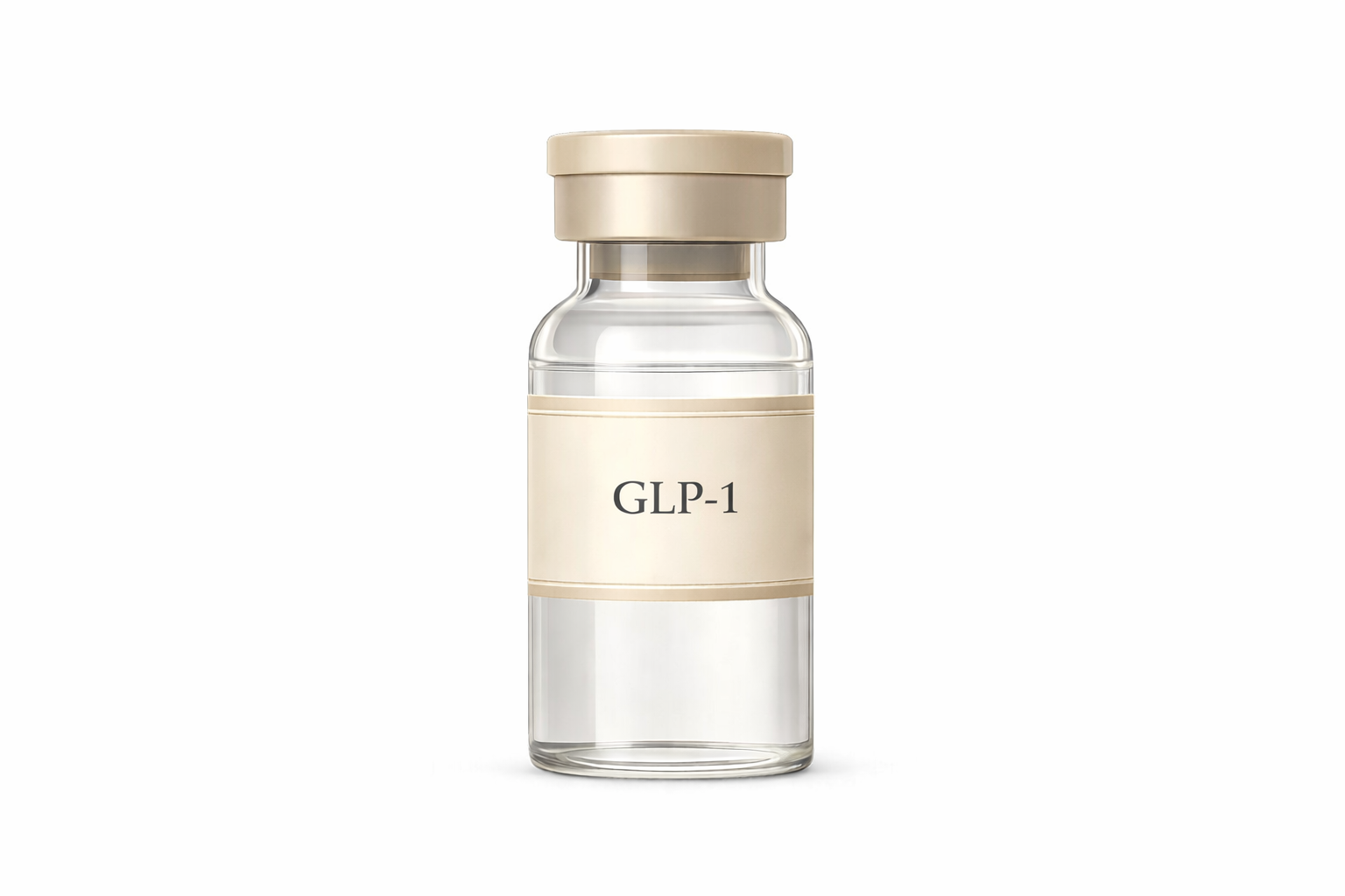 A clear glass vial labeled 'GLP-1' with a beige cap and beige label, isolated on a white background.