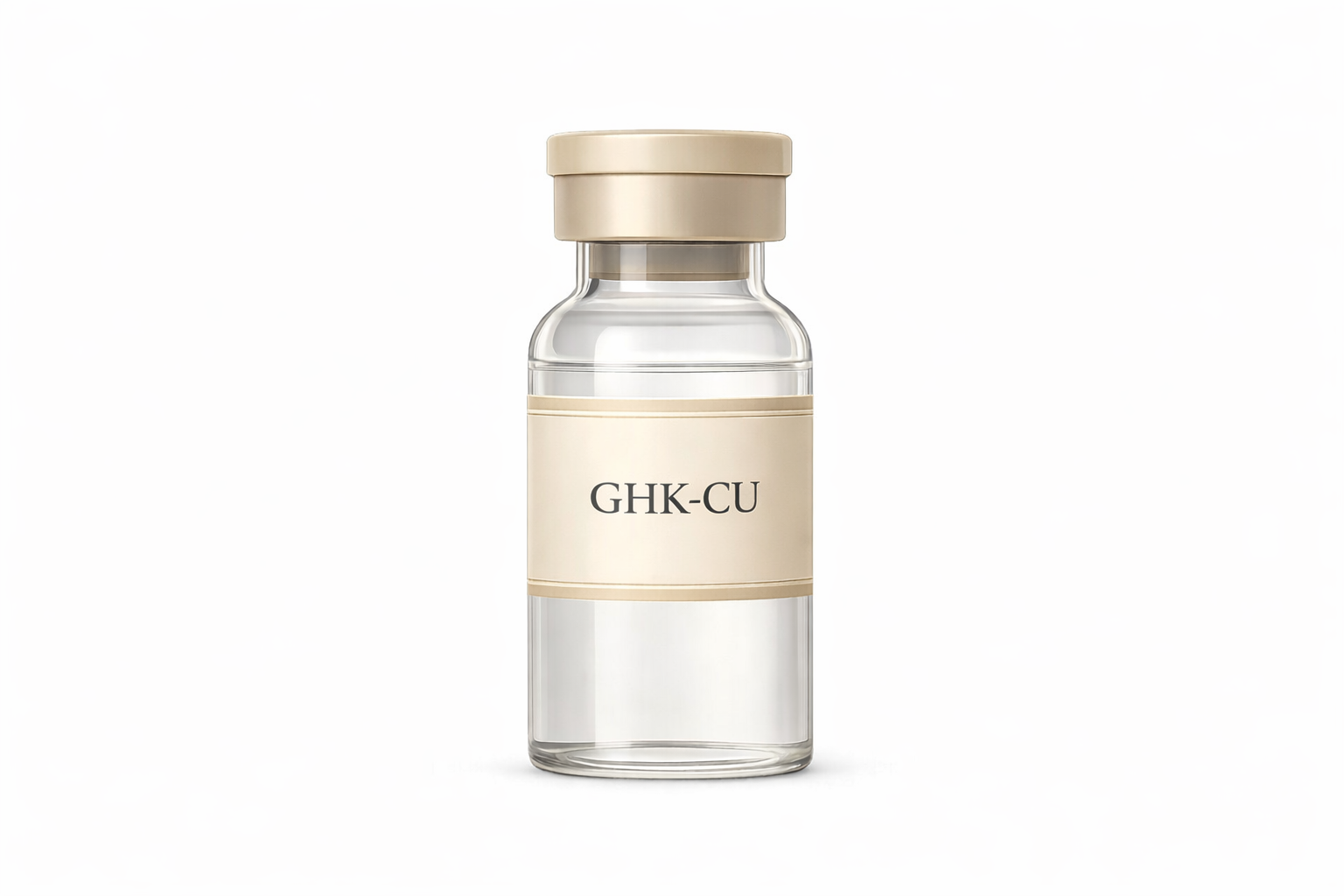 A clear glass bottle with a beige cap and label that reads "GHK-CU". The bottle is empty and set against a white background.