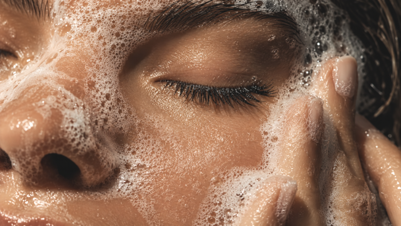 Close-up of a person washing their face with soap, eyes closed, foam on skin.