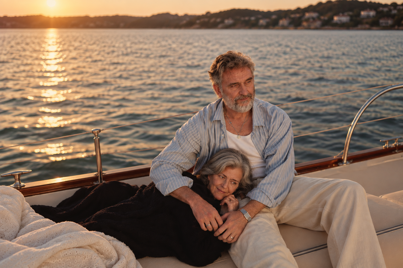 An older man with gray hair and beard, wearing a striped shirt and white pants, sits on a boat with an older woman with gray hair, wrapped in a black blanket, during sunset on the water.