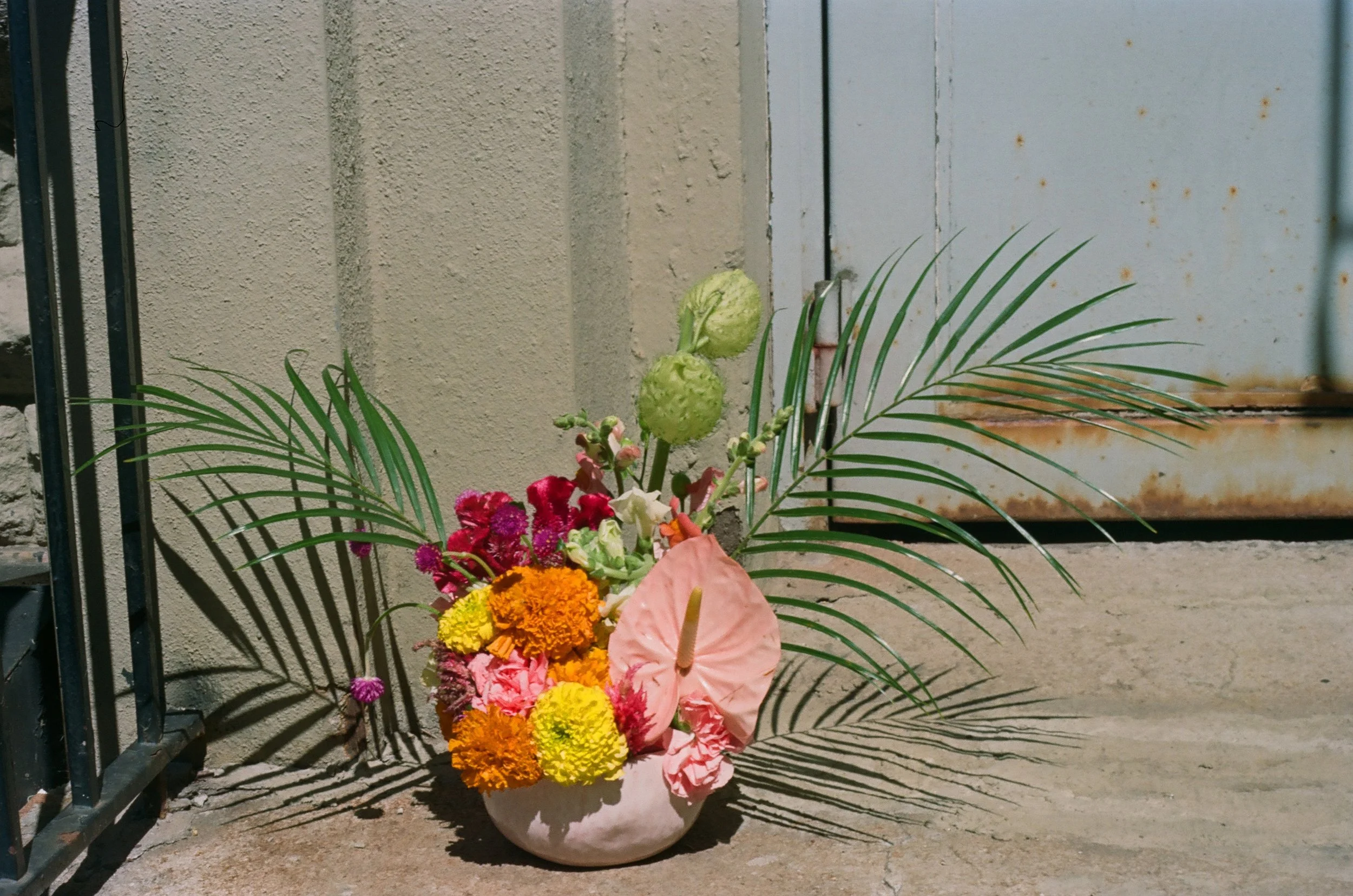 Colorful flower arrangement with pink, orange, yellow, purple, and white flowers, including an anthurium, in a white vase, placed outdoors on concrete ground near a beige wall and a rusty metal door.