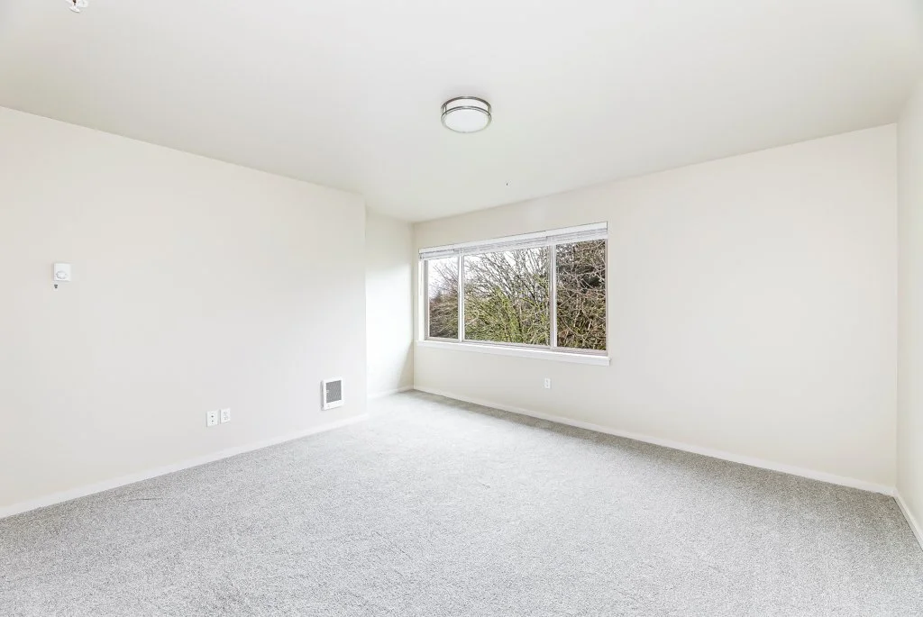 Empty room with white walls, a large window, gray carpet, and a ceiling light fixture.