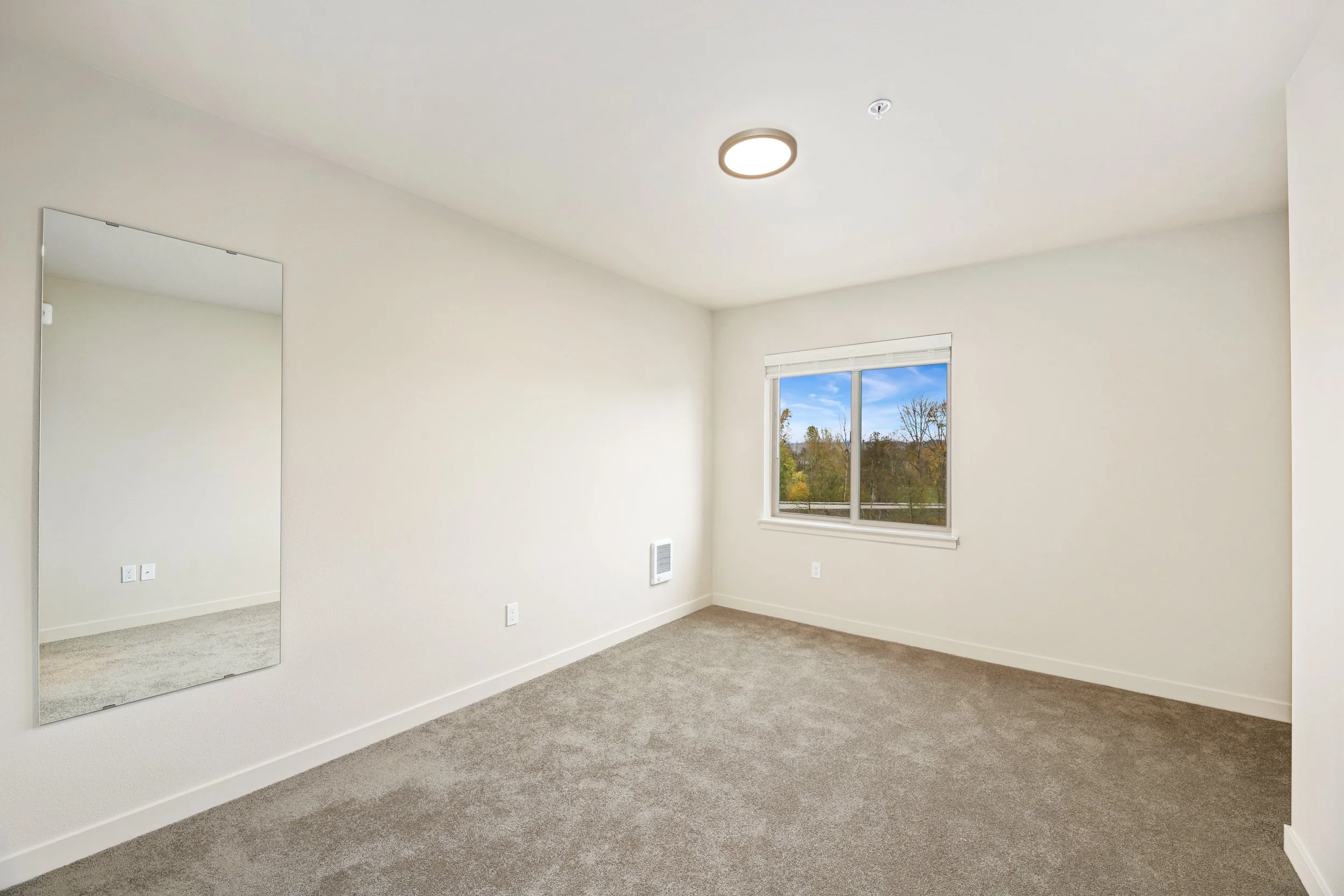 Empty bedroom with a beige carpet, a window showing a view of trees and blue sky, and a wall-mounted mirror.