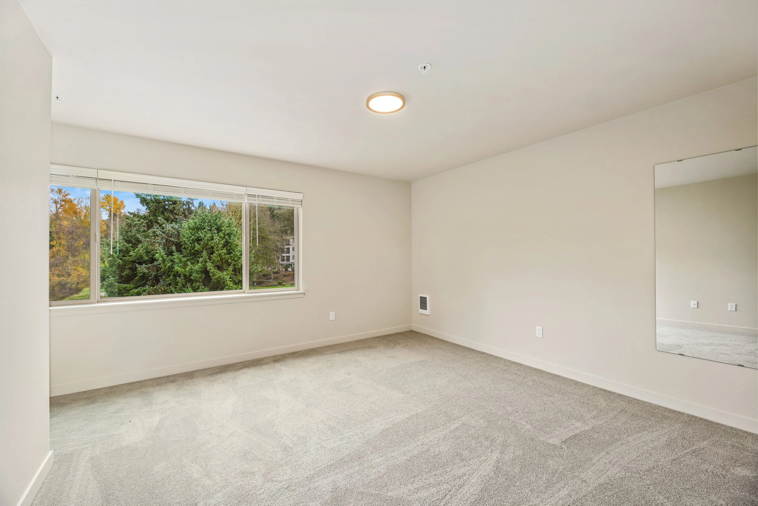 Empty living room with large window, beige carpet, mirror on wall, neutral walls, and ceiling light fixture.