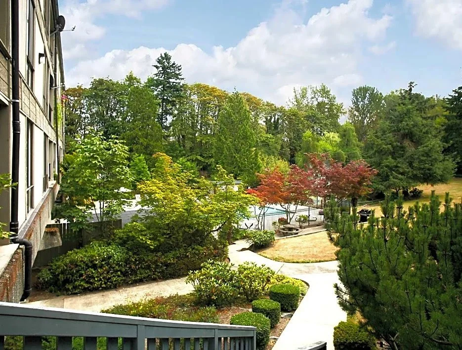 View of a landscaped garden with a pathway, trees with green and red leaves, and a view of a pool in the background, adjacent to a multi-story building on the left.