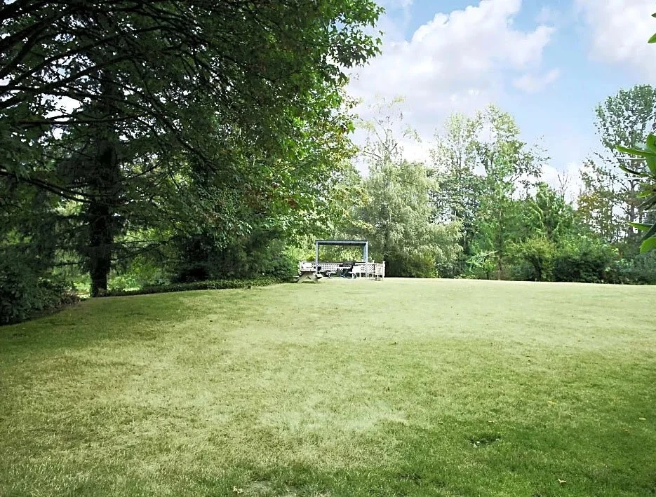 A grassy backyard with trees on the left and background, a children's playground set, and a partly cloudy sky.