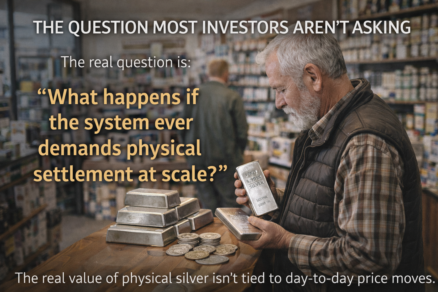 Investor examining physical silver bars while considering what happens if markets ever require large-scale physical settlement