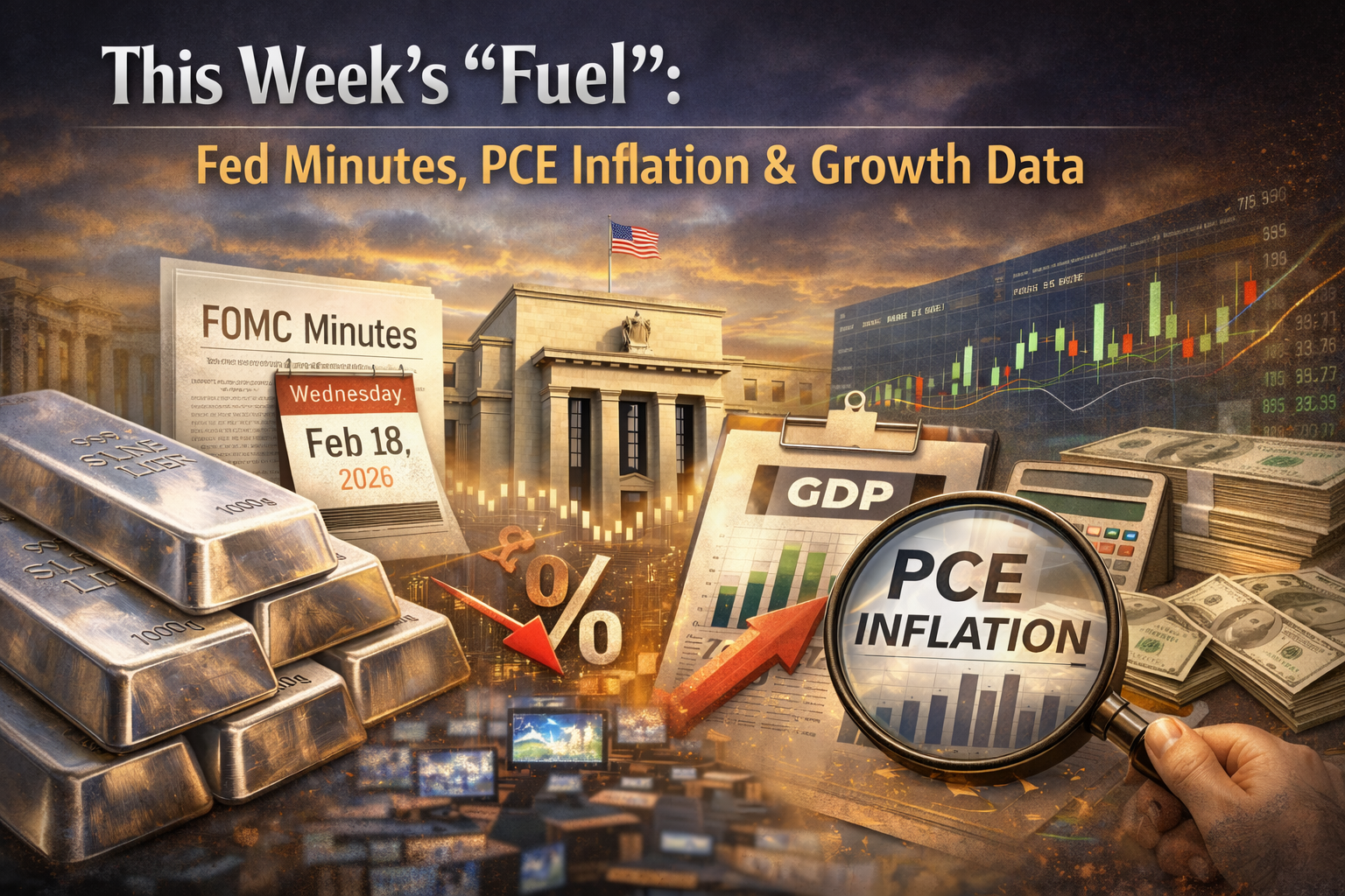 A realistic visual breakdown of the key drivers moving silver this week, including Fed Minutes, PCE inflation data, and growth indicators shaping market volatility.