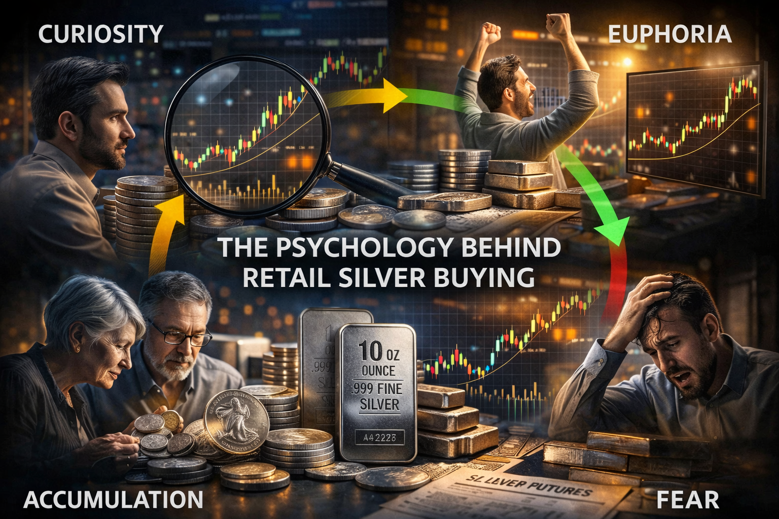 Retail investor psychology driving silver market cycles of curiosity, euphoria, fear, and accumulation