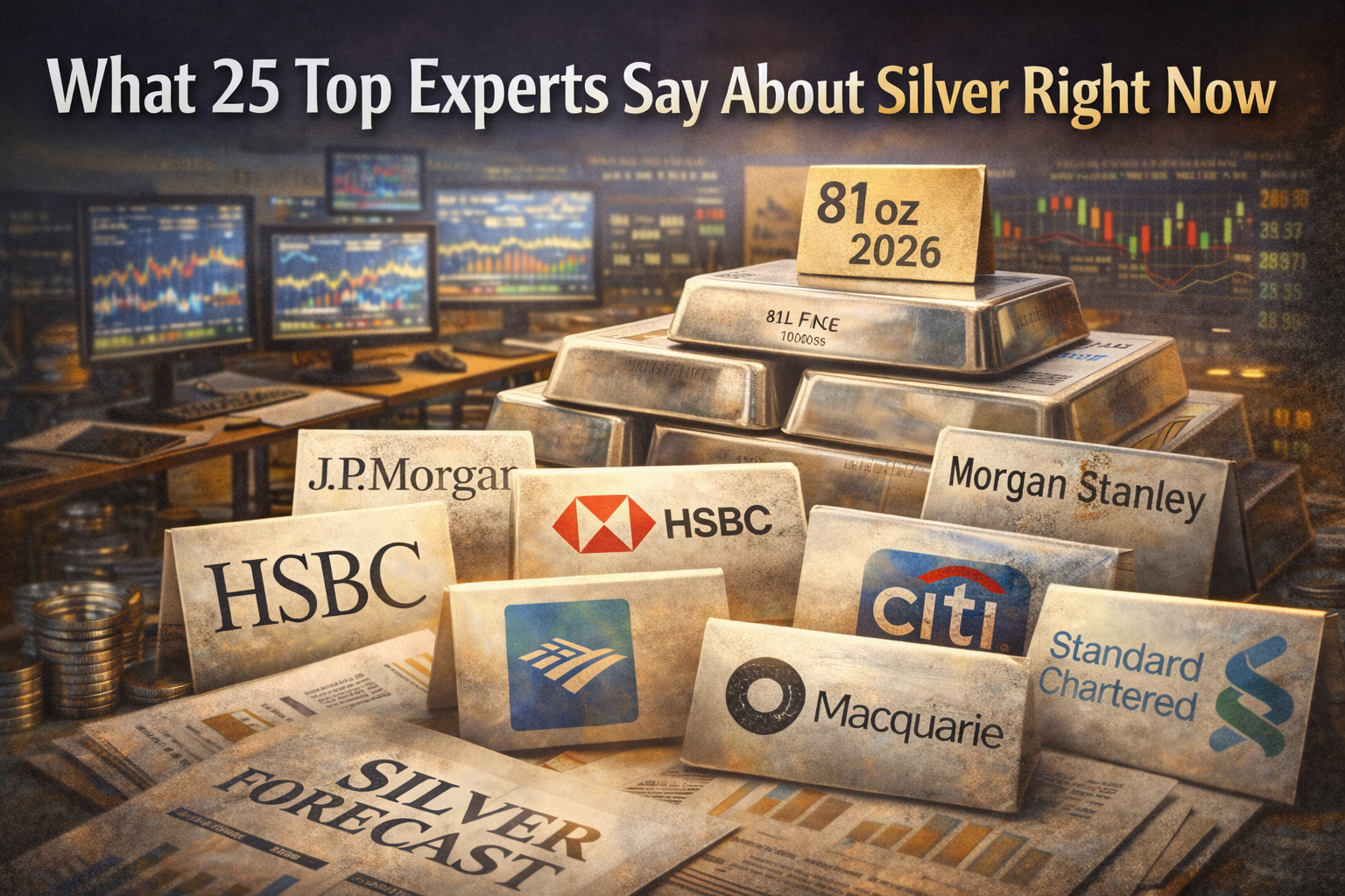 A realistic visual showing how major banks and analysts view silver prices, highlighting expert forecasts and institutional outlooks shaping silver in 2026.
