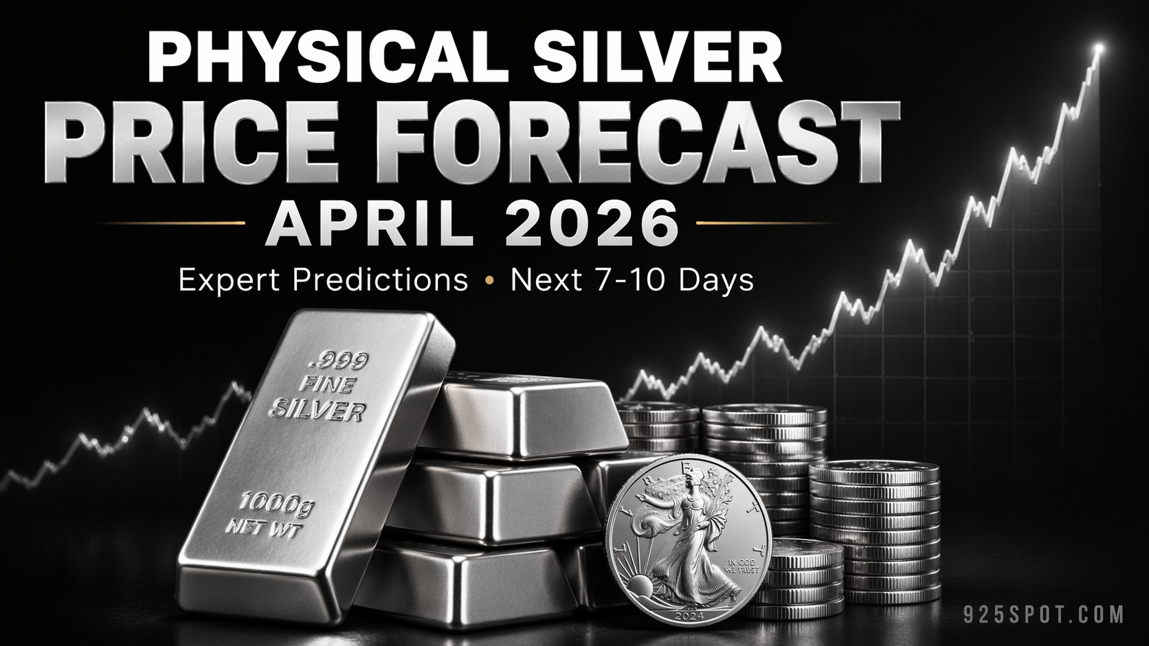 Physical silver bullion bars and coins with April 13th 2026 price forecast chart overlay showing expert predictions for next 7-10 days on dark background - 925spot.com