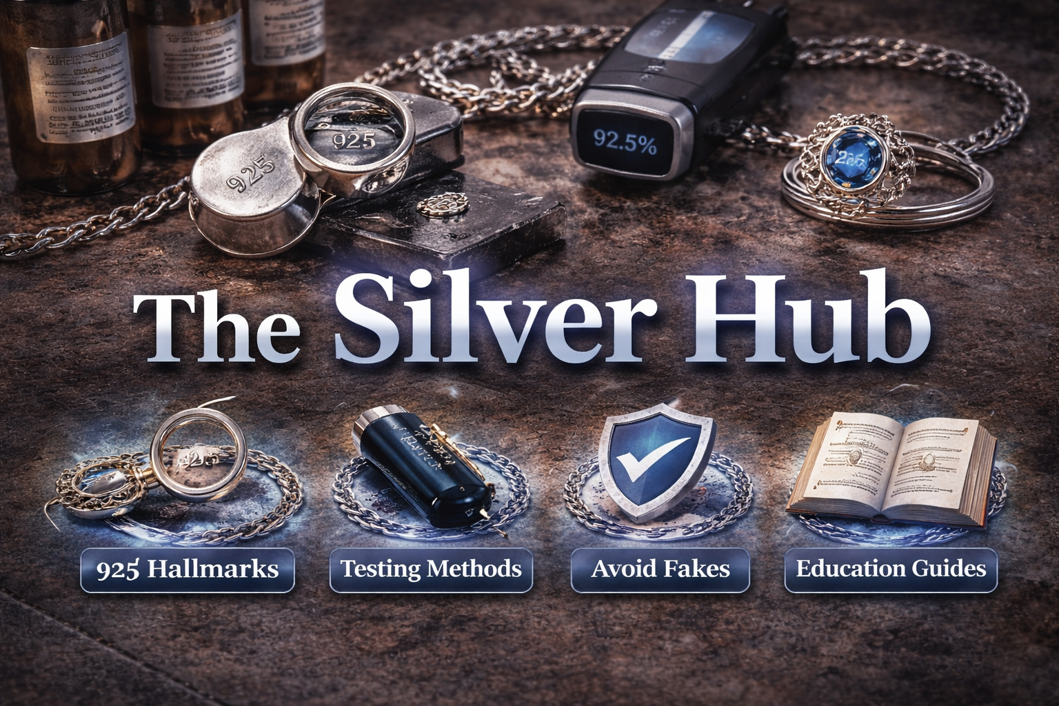 The Silver Hub is an educational resource covering sterling silver authenticity, 925 hallmarks, professional testing methods, and avoiding fake silver.