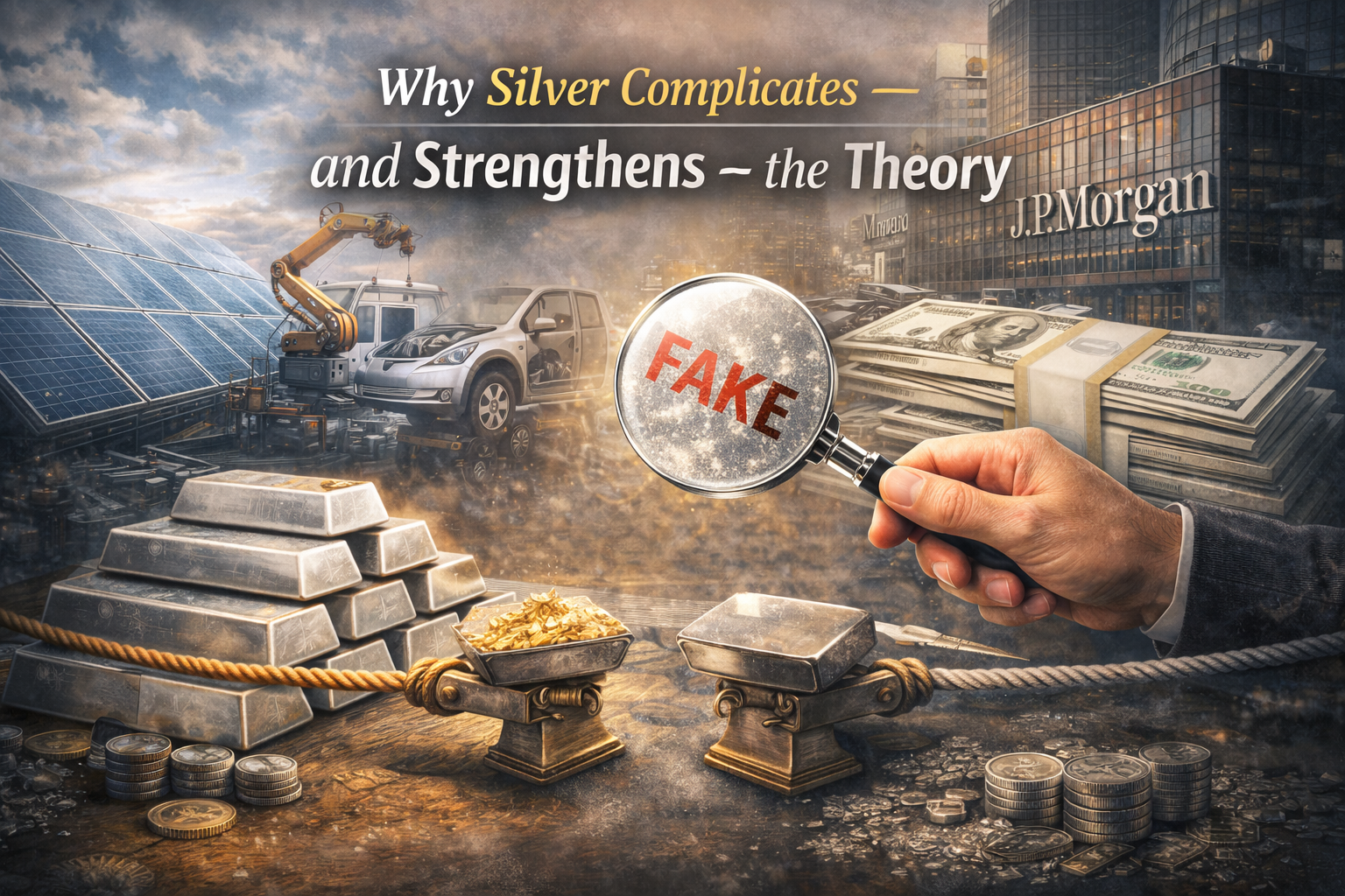 Realistic illustration showing silver’s dual role in industry and money, highlighting industrial demand, market control concerns, and the risk of counterfeits.