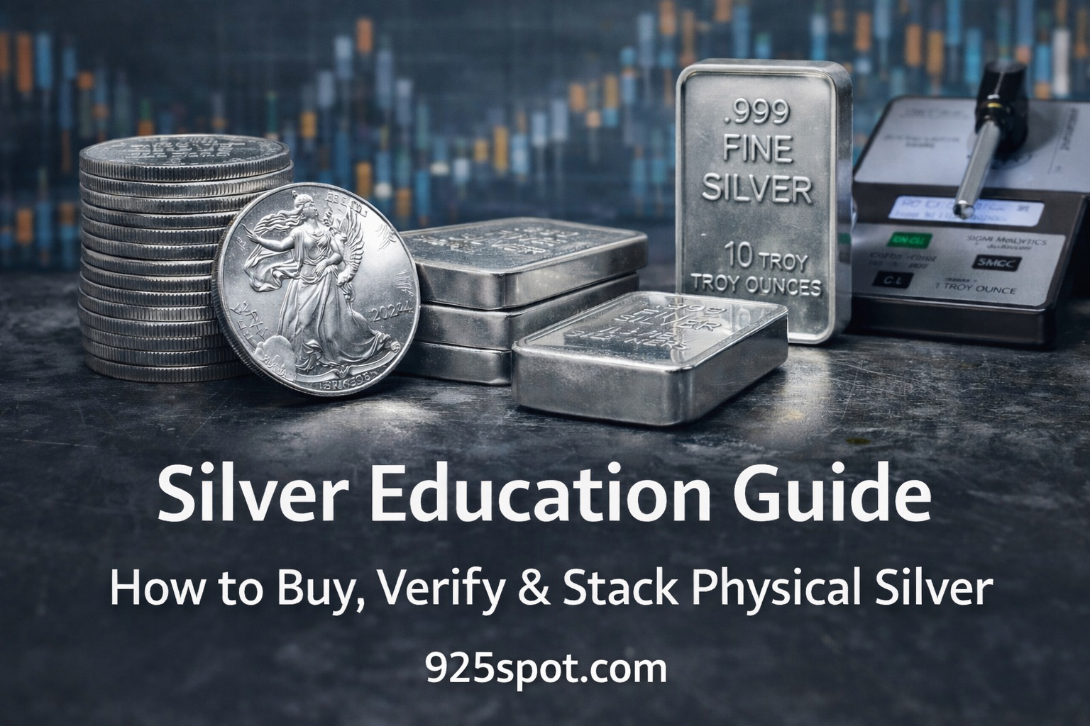 Silver investing education guide featuring .999 fine silver bars, American Silver Eagle coins, and a precious metal verifier tool against a financial market background.