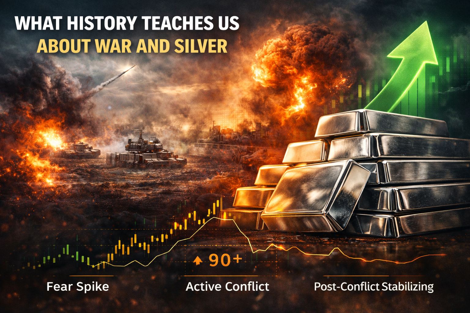 Historical pattern of silver prices during war showing fear spike, active conflict volatility, and post-conflict stabilization as investors rotate into safe haven assets