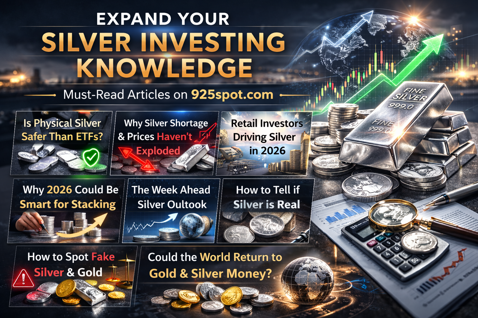 Professional silver investing education graphic featuring bullion, charts, and research topics on precious metals and market analysis in 2026