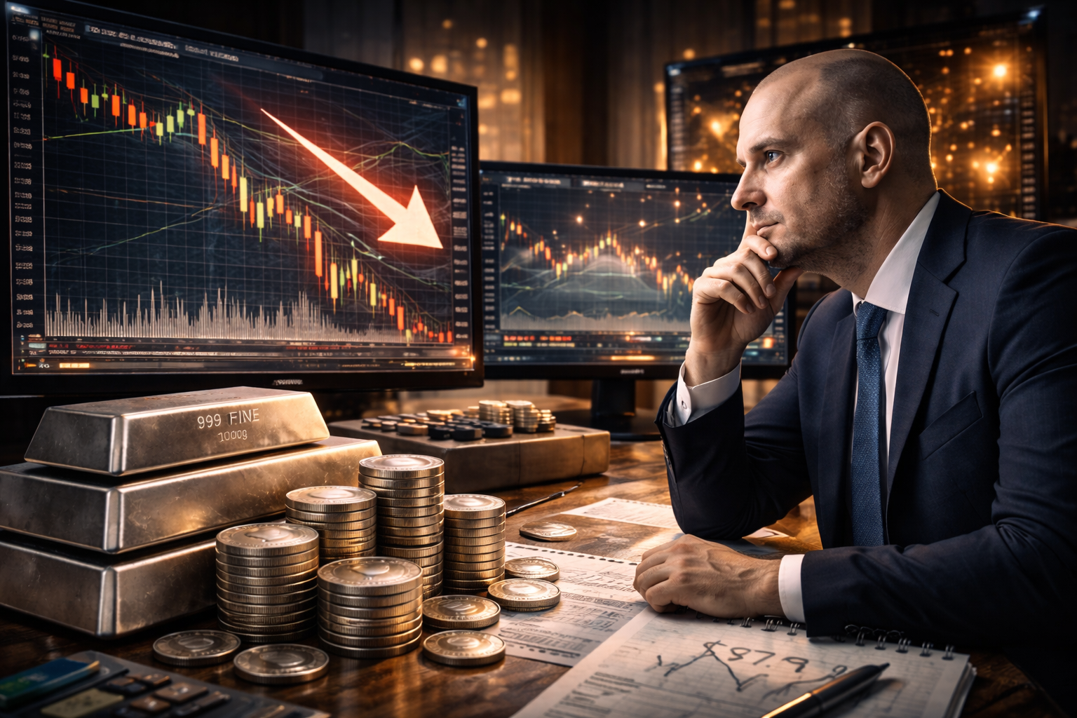 Financial analyst reviewing silver price correction with silver bars and market charts showing precious metals volatility