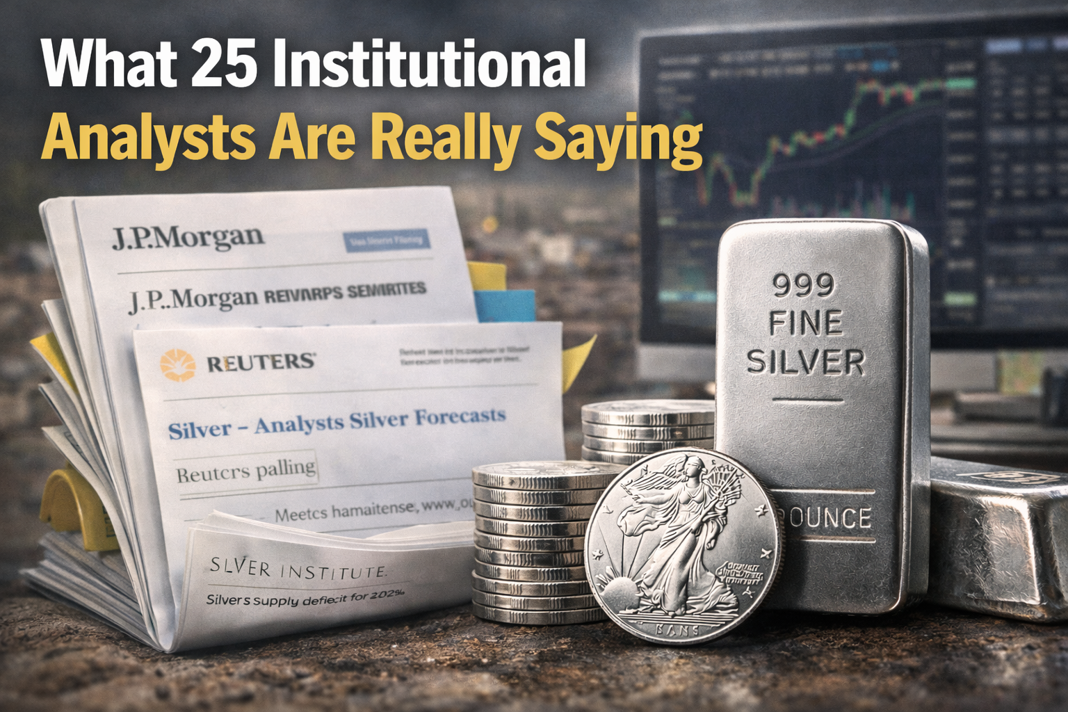 999 fine silver bar and coins with financial reports and market chart representing institutional silver price forecasts for 2026