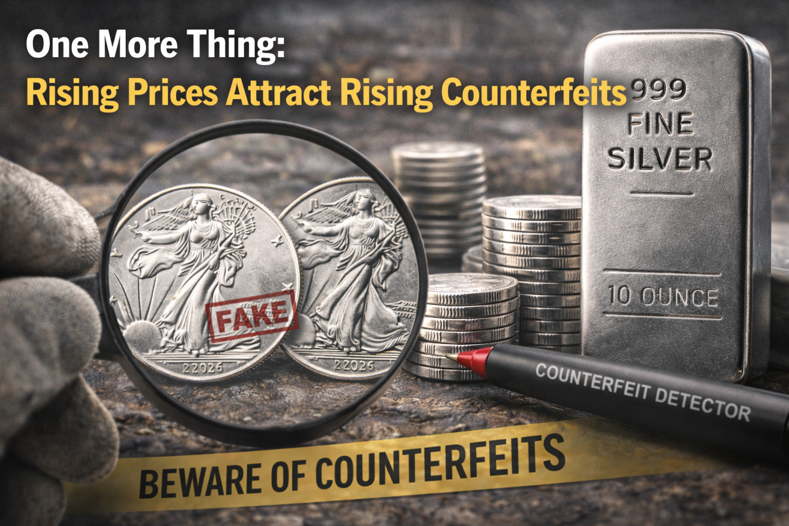 999 fine silver bar and coins under magnifying glass showing fake stamp warning about counterfeit silver bullion in 2026