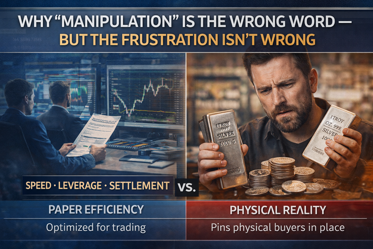 Editorial comparison showing paper silver markets optimized for trading versus physical silver ownership and investor frustration