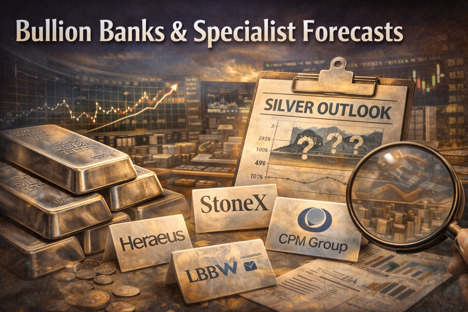 A realistic silver market image highlighting bullion bank and specialist forecasts, LBMA research, and expert views shaping silver price expectations in 2026.