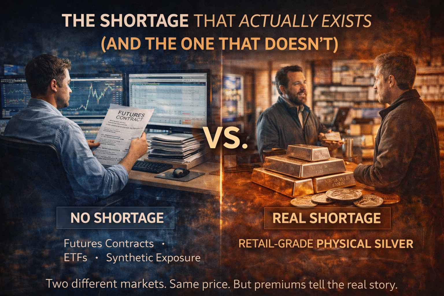 Comparison showing paper silver markets with futures and ETFs versus retail-grade physical silver where real shortages are emerging
