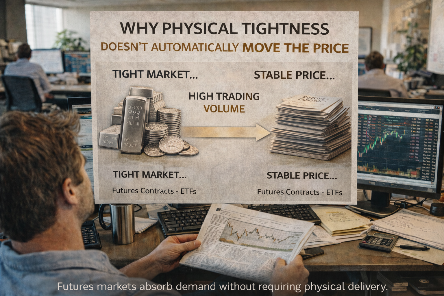 Trader reviewing market data illustrating why physical silver tightness does not automatically drive price movements