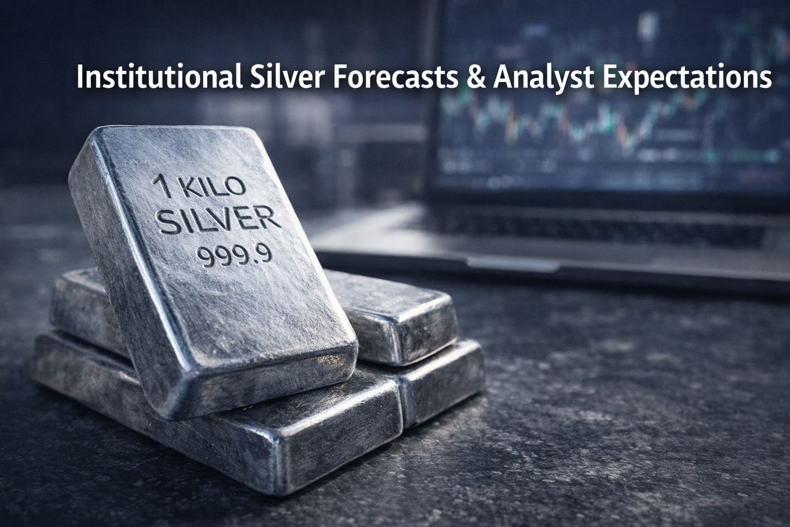 Stacked 1kg silver bars in sharp focus with blurred financial trading screen background representing institutional silver price forecasts and analyst expectations