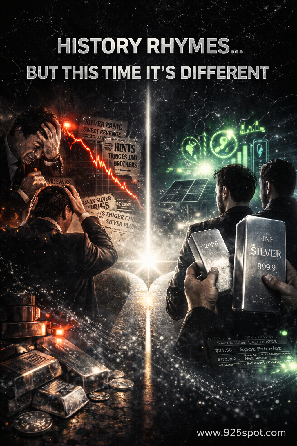 Cinematic split-scene comparing the 1980 Hunt Brothers silver market crash with modern 2026 silver stackers and rising industrial demand from solar energy, electric vehicles, and AI technology.