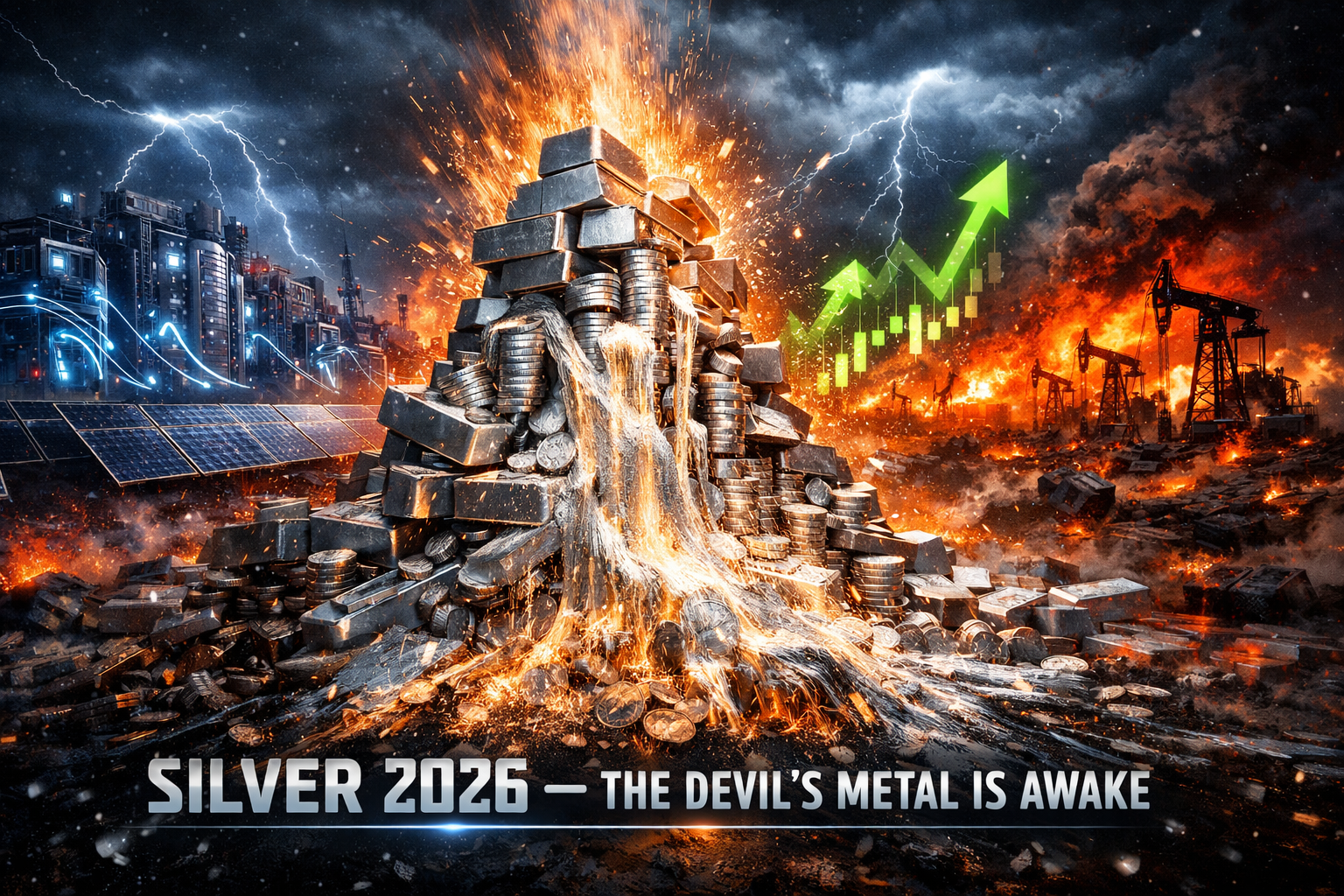 Dramatic visualization of silver price surge in 2026 showing molten silver bars with AI data centers, solar panels, and geopolitical tensions driving demand for physical silver.
