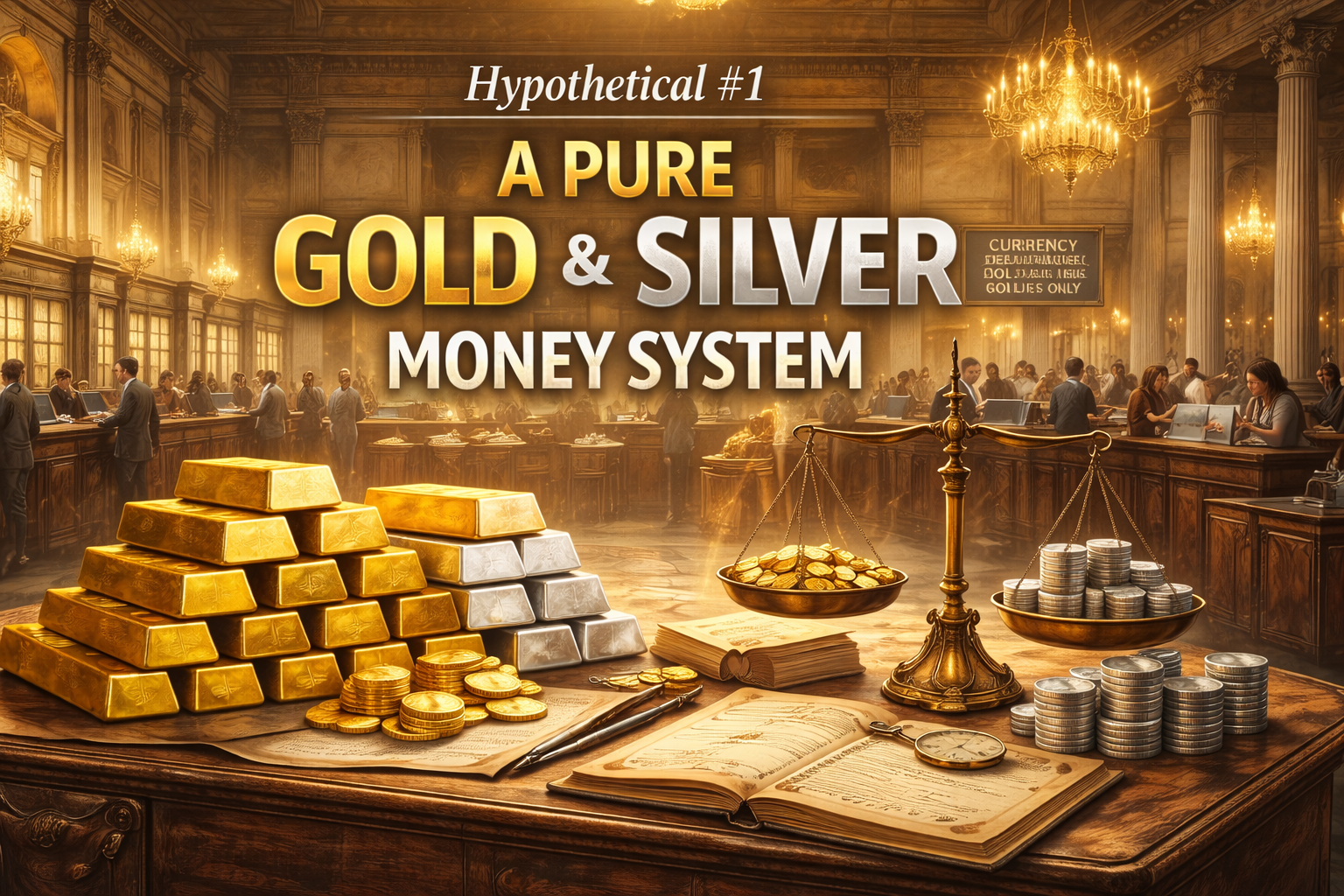 Realistic illustration of a hypothetical pure gold and silver money system, showing how currencies could be tied exclusively to physical precious metals.