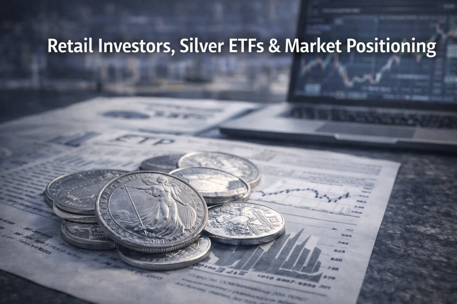 Silver coins on financial documents with blurred laptop trading chart in background representing retail investor positioning and silver ETF inflows
