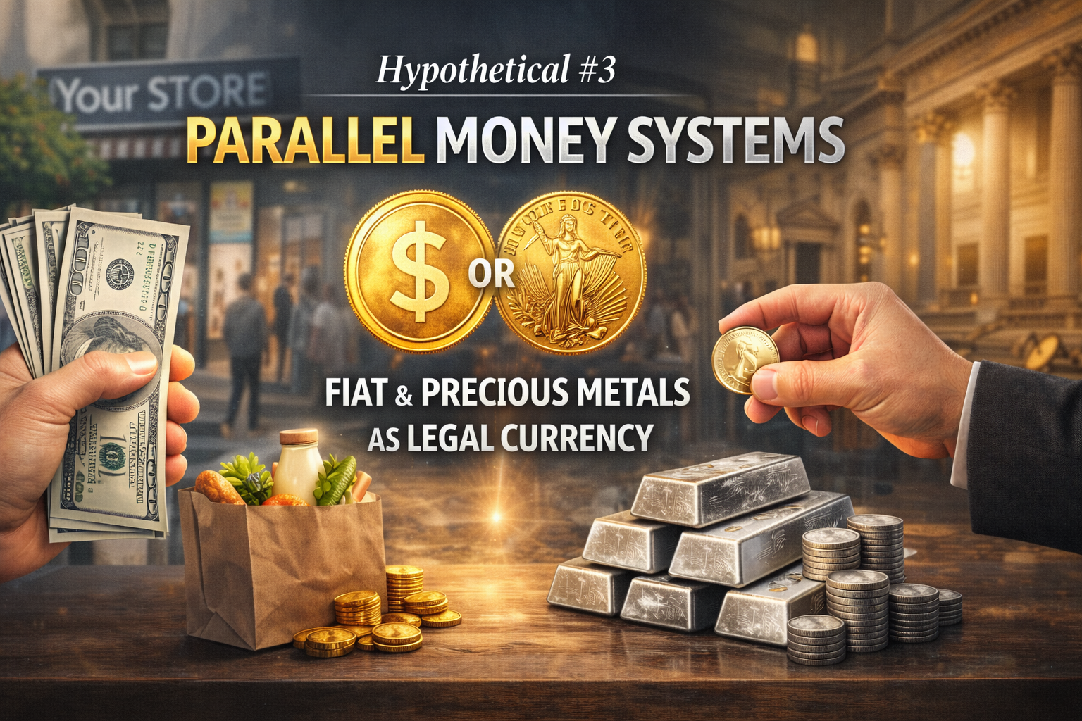 Realistic illustration showing a parallel money system where fiat currency and gold and silver coexist as legal money, highlighting real-world choice and trust.
