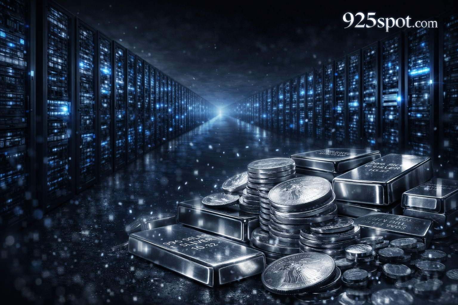 Massive hyperscale AI data center filled with thousands of server racks glowing blue, with stacks of physical silver bars and coins in the foreground representing the large amount of industrial silver used inside modern AI infrastructure.