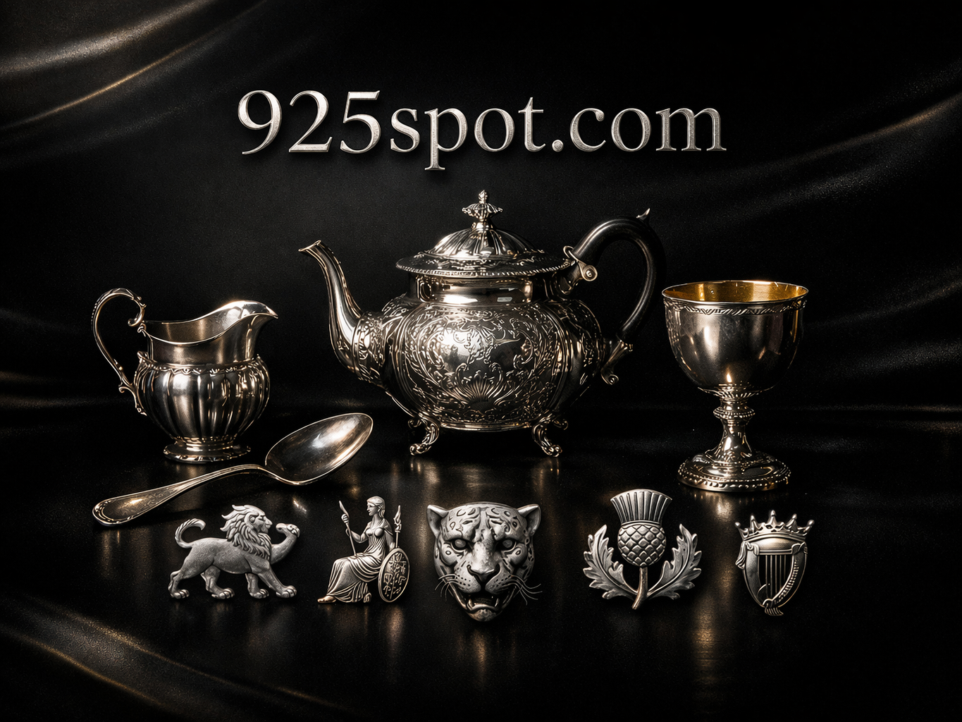Antique British sterling silver teapot, chalice, and spoon with classic hallmarks including Lion Passant, Britannia, Leopard’s Head, Scottish Thistle, and Irish harp on a luxury dark background – history of British silver hallmarks
