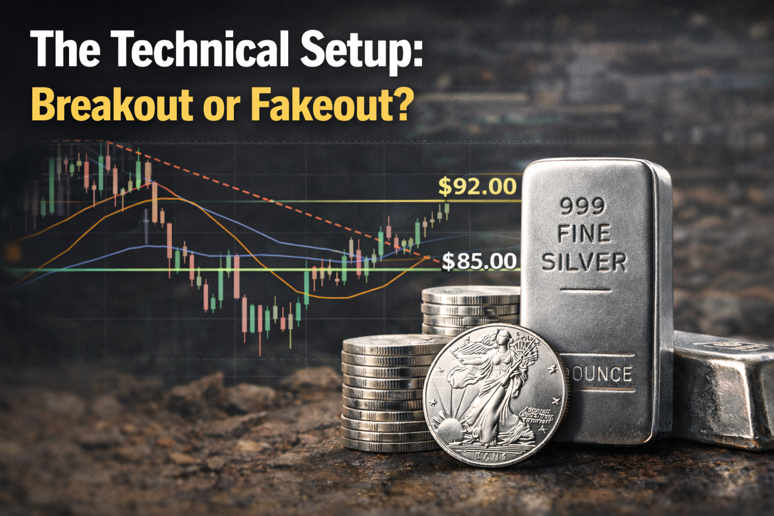 999 fine silver bar and coins with candlestick chart showing breakout above resistance and key price levels for 2026