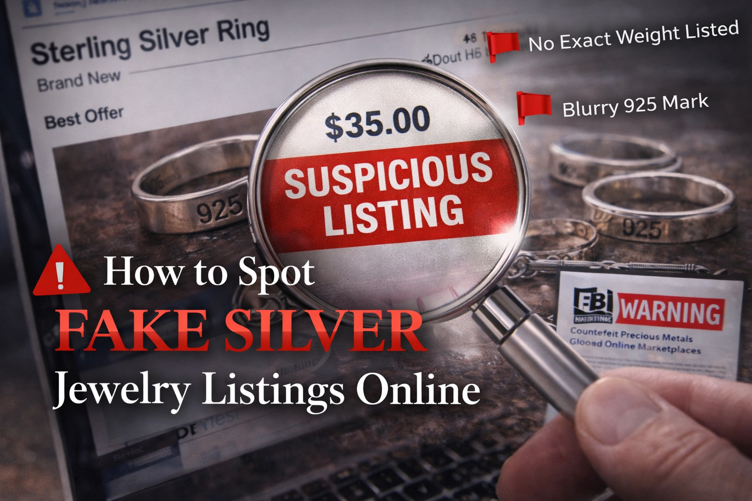Learn how to spot fake silver jewelry listings online by identifying pricing anomalies, missing weights, fake 925 marks, and common scam red flags.