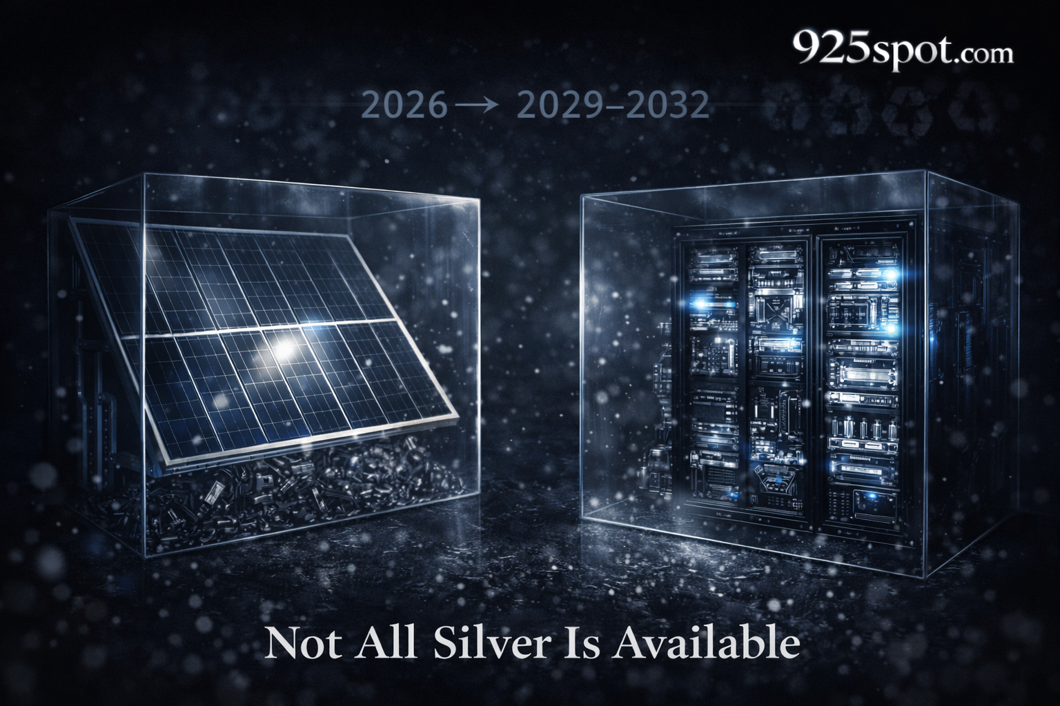 Solar panels and AI server infrastructure sealed behind glass barriers, illustrating how large amounts of industrial silver are locked inside technology for years and unavailable to the market despite growing demand.