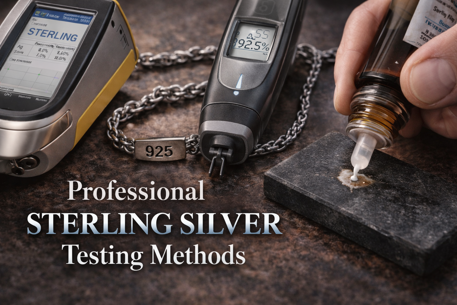 Professional sterling silver testing methods explained, including XRF analysis and acid testing used to verify 925 silver jewelry authenticity.
