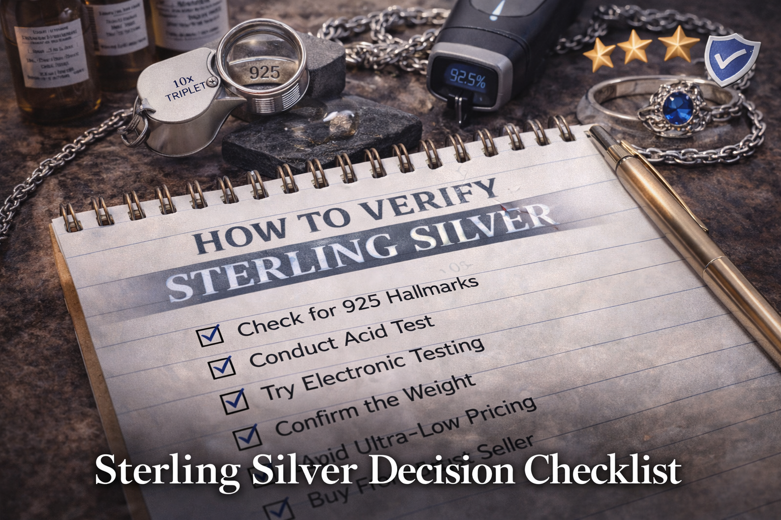 A step-by-step checklist showing how to verify sterling silver jewelry using 925 hallmarks, professional testing, and pricing validation.