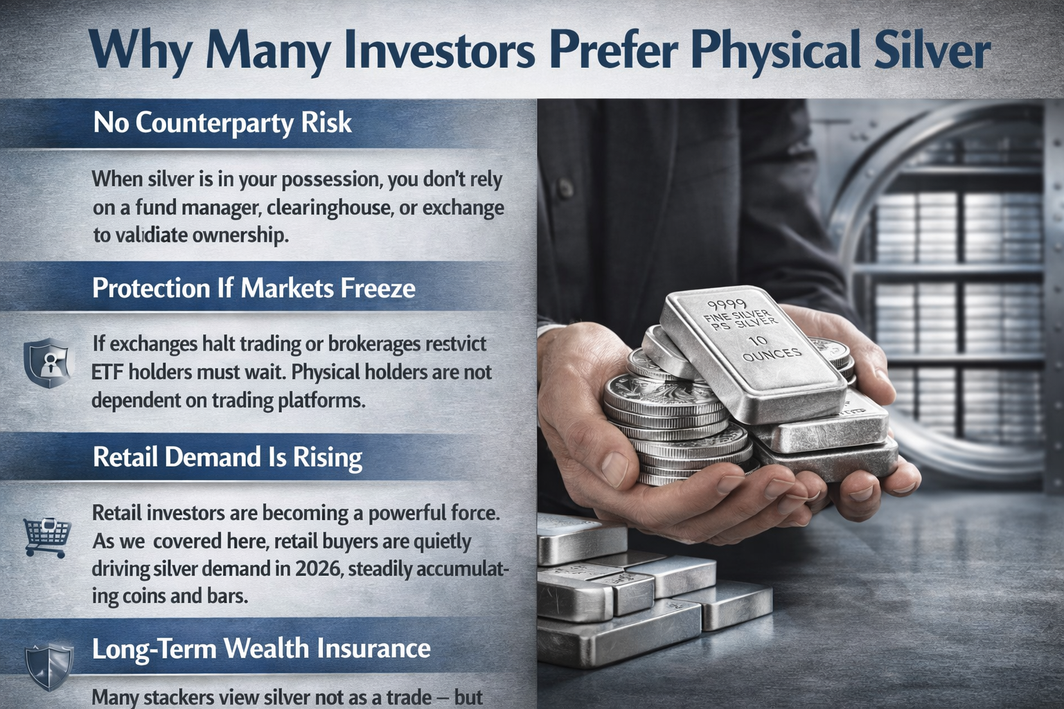 Investor holding physical silver bullion and stacked silver bars representing long-term wealth protection and ownership outside the financial system