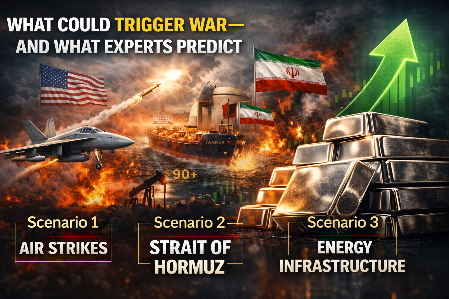 Potential U.S.–Iran war scenarios in 2026 showing oil price spike risk, Strait of Hormuz disruption, and impact on silver and precious metals markets