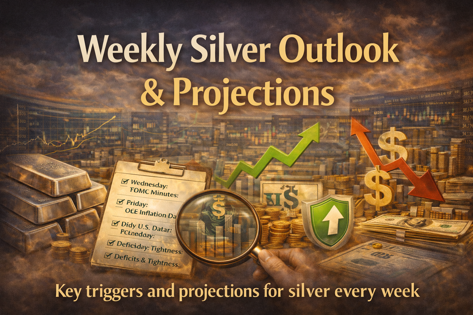 A professional weekly silver outlook banner highlighting market analysis, macro catalysts, and forward-looking projections for silver investors.