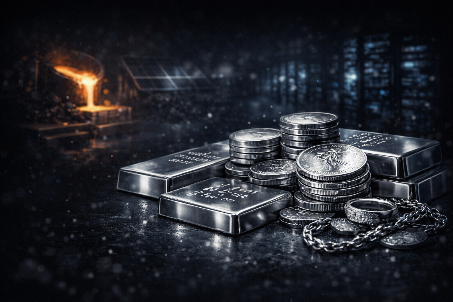 Stack of physical silver bars and coins in the foreground with a recycling furnace, solar panels, and AI data center servers blurred in the background, illustrating how rising industrial demand and recycling trends affect global silver supply.