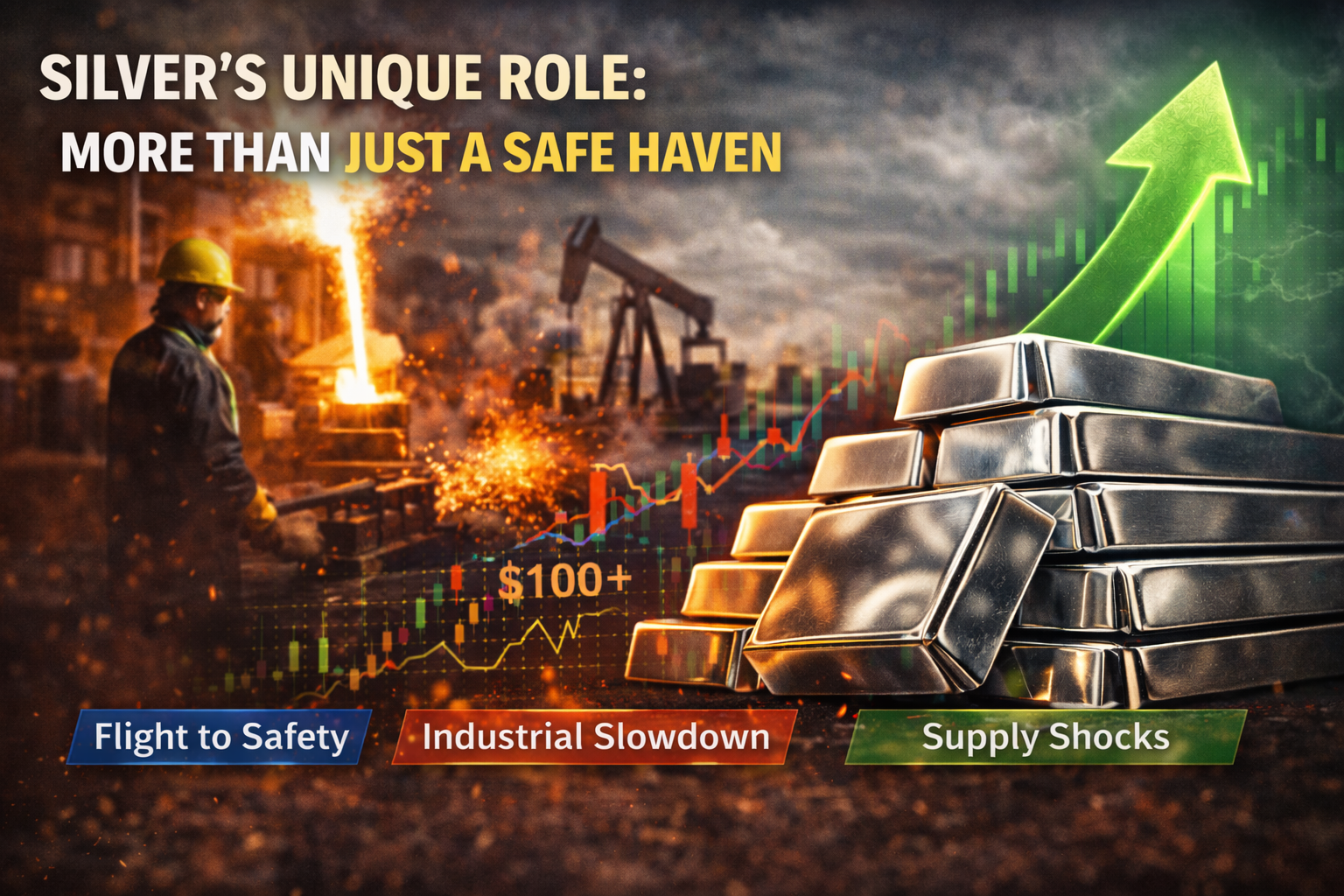 Silver bullion representing its dual role as a safe haven asset and industrial metal influenced by geopolitical risk, supply shocks, and economic volatility
