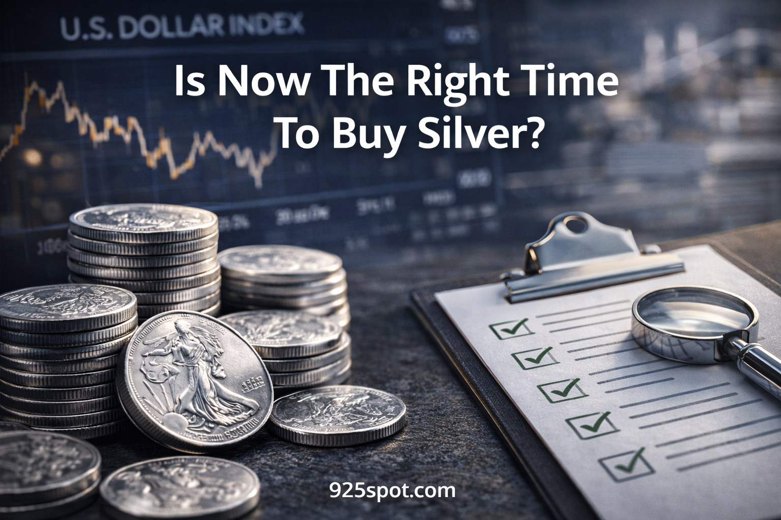 Stacks of silver coins beside a clipboard with checklists and a magnifying glass, overlaid with text reading 'Is Now The Right Time To Buy Silver?' and a background showing financial charts.