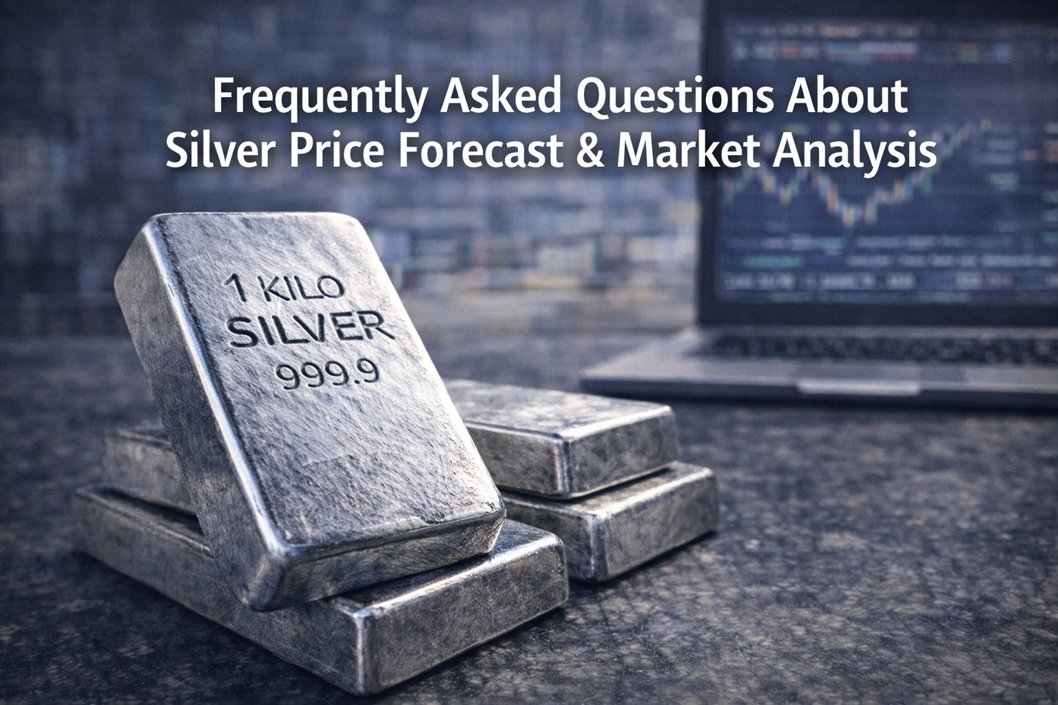 Stacked 1kg silver bars in sharp focus with blurred market chart background representing frequently asked questions about silver price forecasts and market analysis
