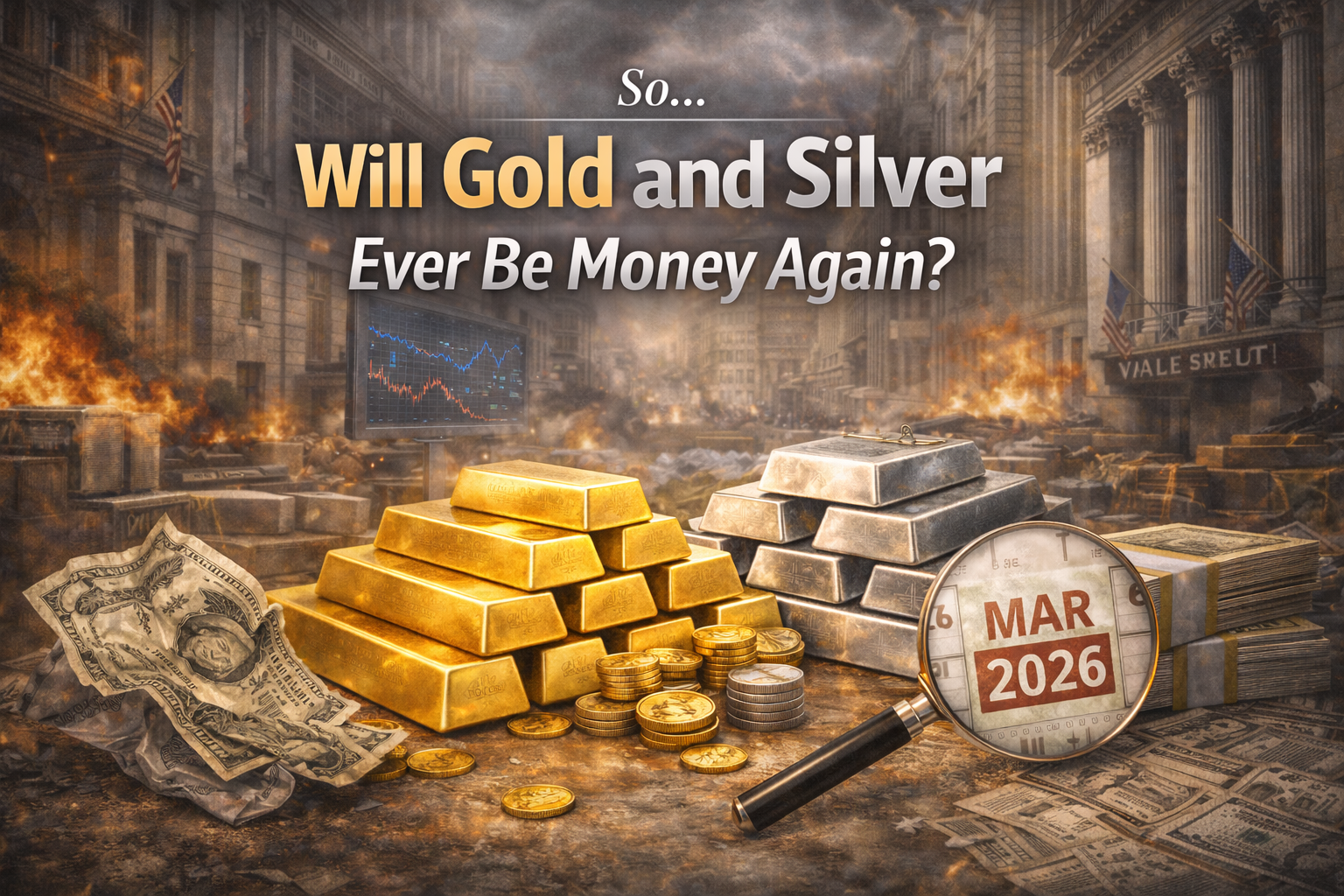 Realistic illustration exploring whether gold and silver could quietly return as money as confidence in traditional currencies continues to erode.